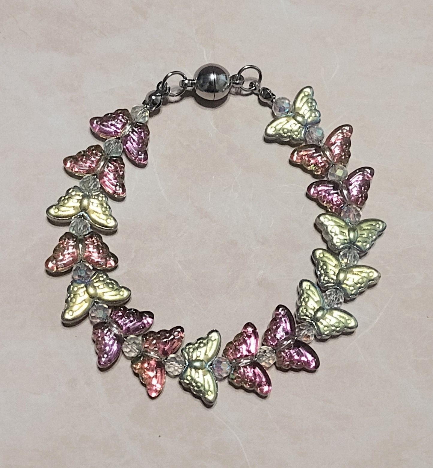 "Butterfly Summer" Glass Bead Butterfly Bracelet, Stainless Steel, Magnetic Clasp