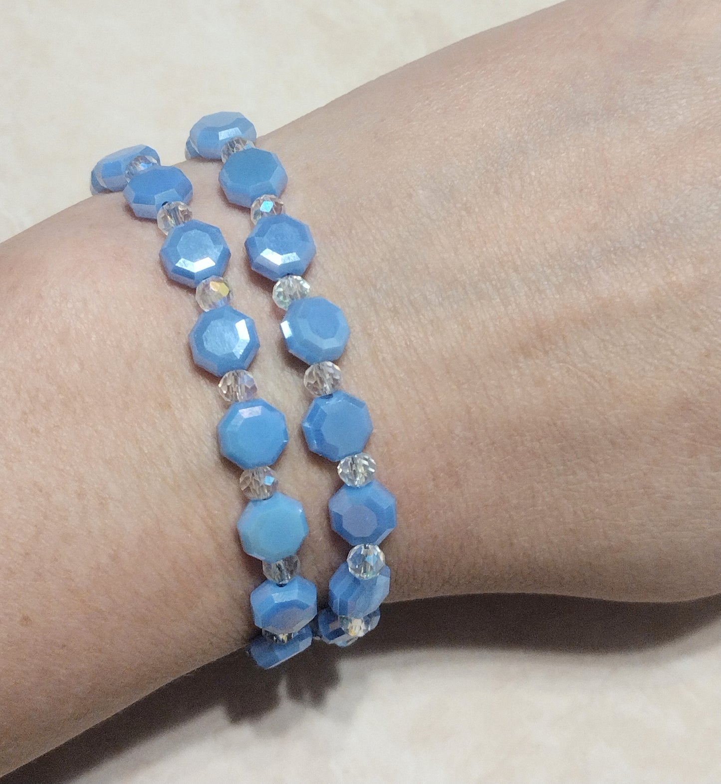 "Lagoon Blue" 2 Strand Glass Bead Bracelet, Gold Stainless Steel, Magnetic Clasp