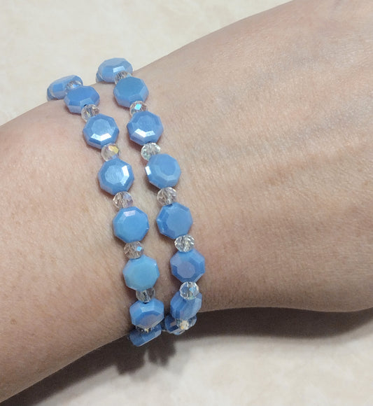 "Lagoon Blue" 2 Strand Glass Bead Bracelet, Gold Stainless Steel, Magnetic Clasp