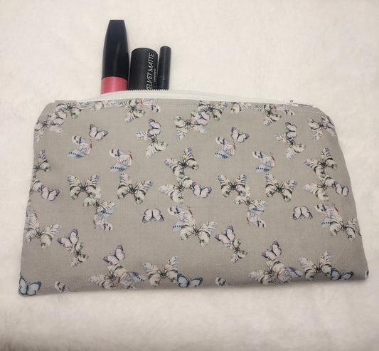 Gray Cotton Butterfly Print Makeup/Accessory Bag (Large), Cosmetic Bag