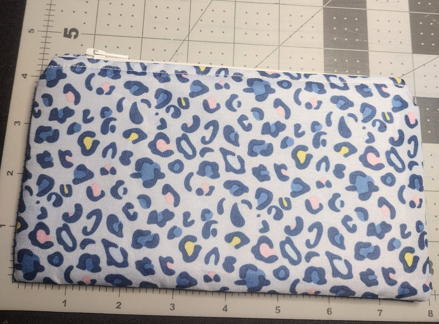 Light Blue Leopard Cotton Makeup/ Accessory Bag (Large), Zipper Pouch