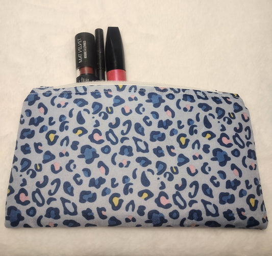 Light Blue Leopard Cotton Makeup/ Accessory Bag (Large), Zipper Pouch