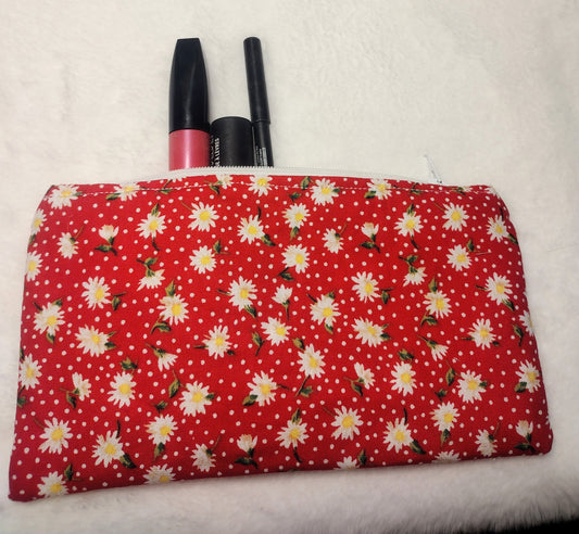 Red Cotton Daisy Print Makeup/Accessory Bag, Zipper Pouch