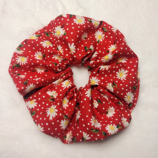 Red Cotton Daisy Print Hair Scrunchie
