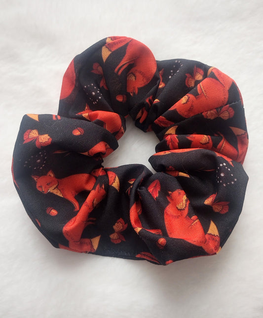 Black Cotton Fox  Print Hair Scrunchie