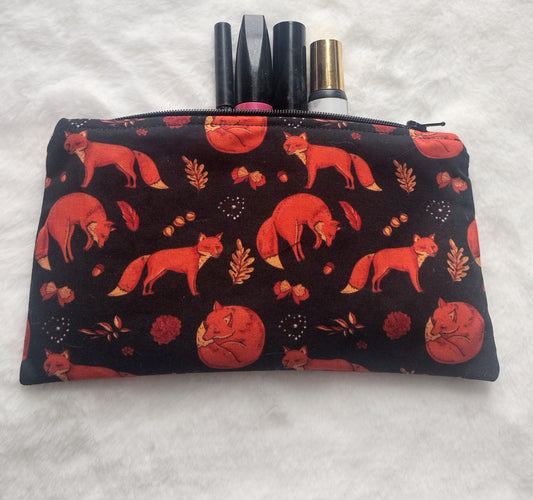 Black Cotton Fox Print Makeup/Accessory Bag (Large), Zipper Pouch