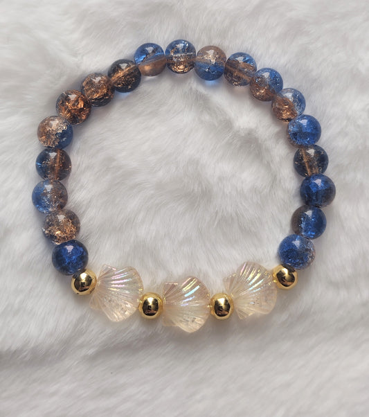 "2 Toned Shells" Glass Beaded Seashell Stretch Bracelet, 3 Colors