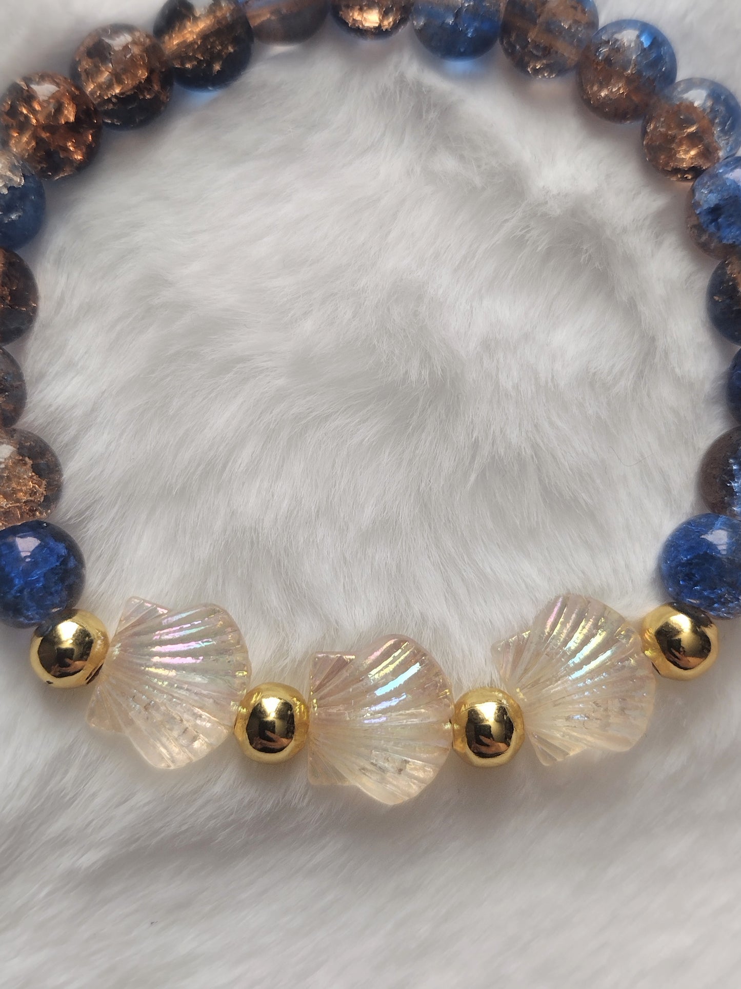 "2 Toned Shells" Glass Beaded Seashell Stretch Bracelet, 3 Colors