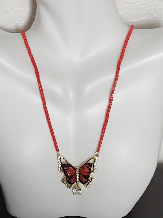 "Romantic Butterfly" Red and Black Butterfly Necklace, Stainless Steel, Magnet Clasp