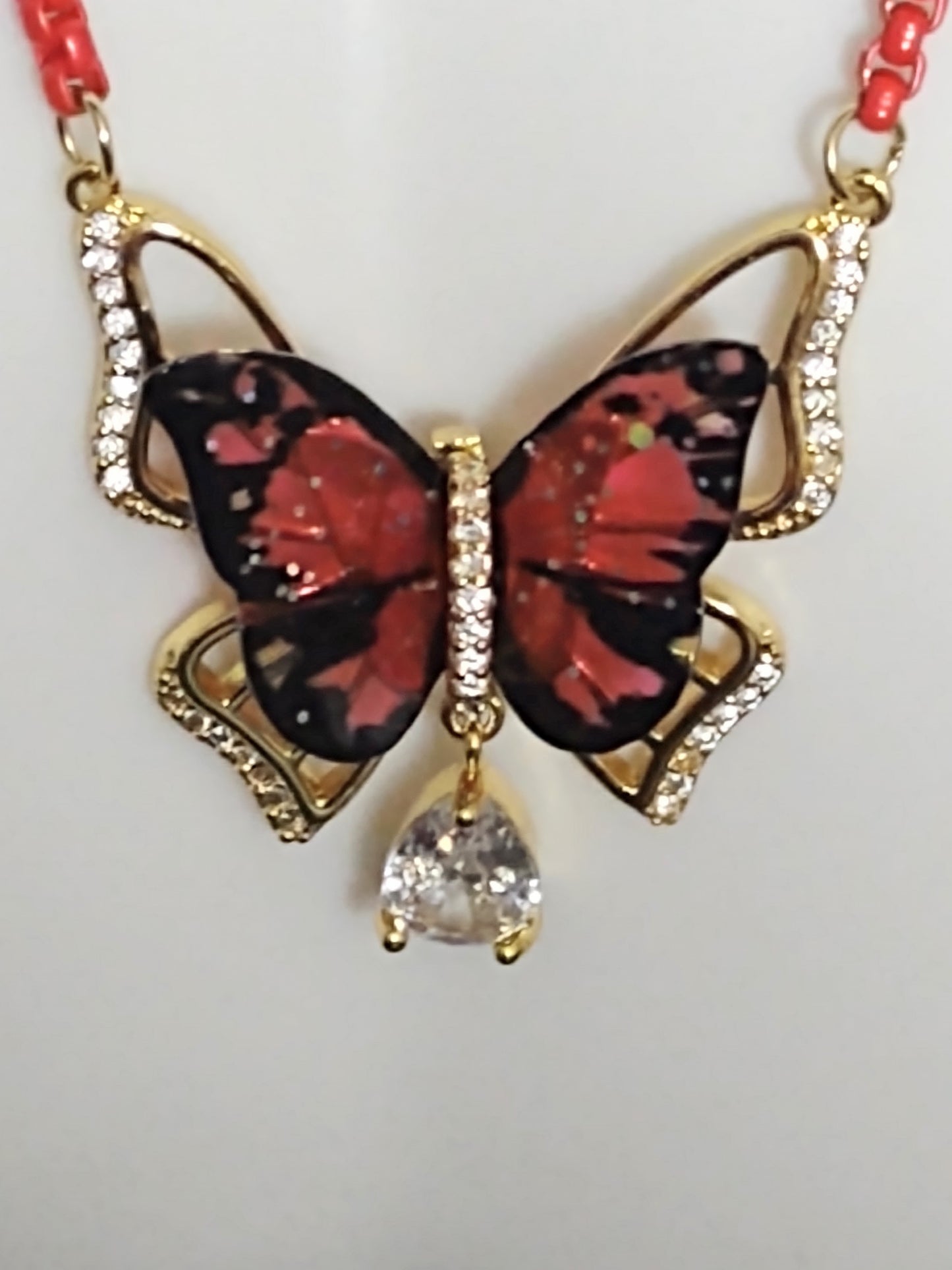 "Romantic Butterfly" Red and Black Butterfly Necklace, Stainless Steel, Magnet Clasp