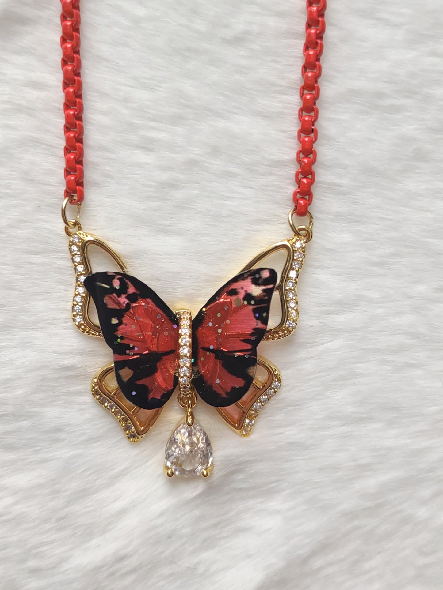 "Romantic Butterfly" Red and Black Butterfly Necklace, Stainless Steel, Magnet Clasp