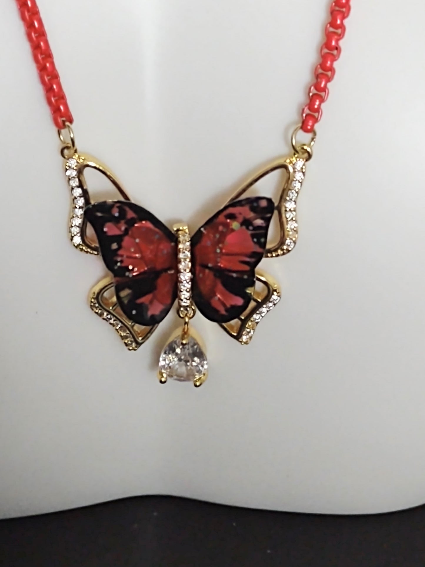 "Romantic Butterfly" Red and Black Butterfly Necklace, Stainless Steel, Magnet Clasp