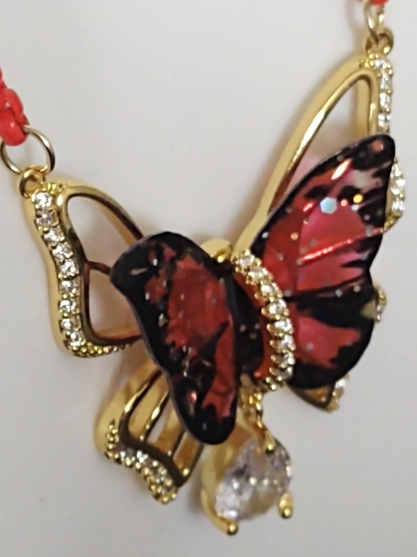 "Romantic Butterfly" Red and Black Butterfly Necklace, Stainless Steel, Magnet Clasp